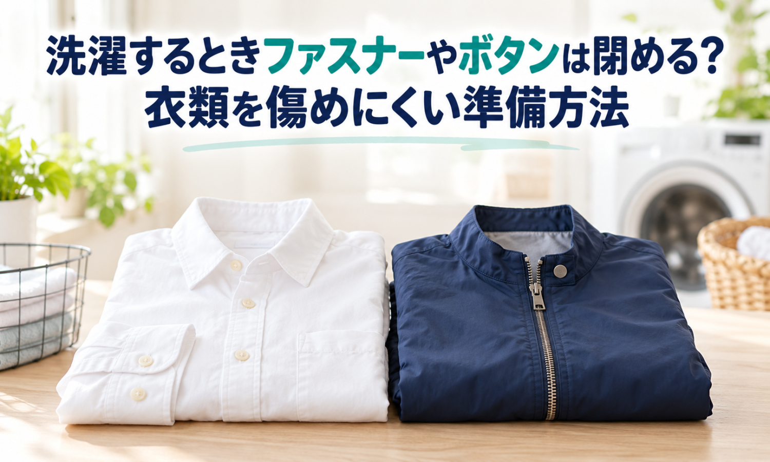 白いシャツと濃紺のファスナー付き上着に、記事タイトル「洗濯するときファスナーやボタンは閉める？衣類を傷めにくい準備方法」。