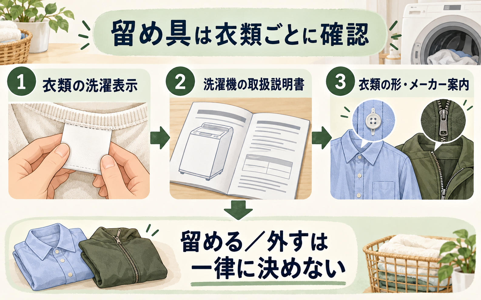 洗濯表示と衣類の構造、留め具の状態を順に確認して扱いを決める判断フロー