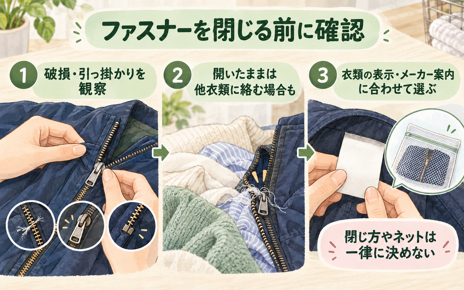 ファスナーの開閉と引っ掛かり、周囲の生地を洗濯前に確認する図