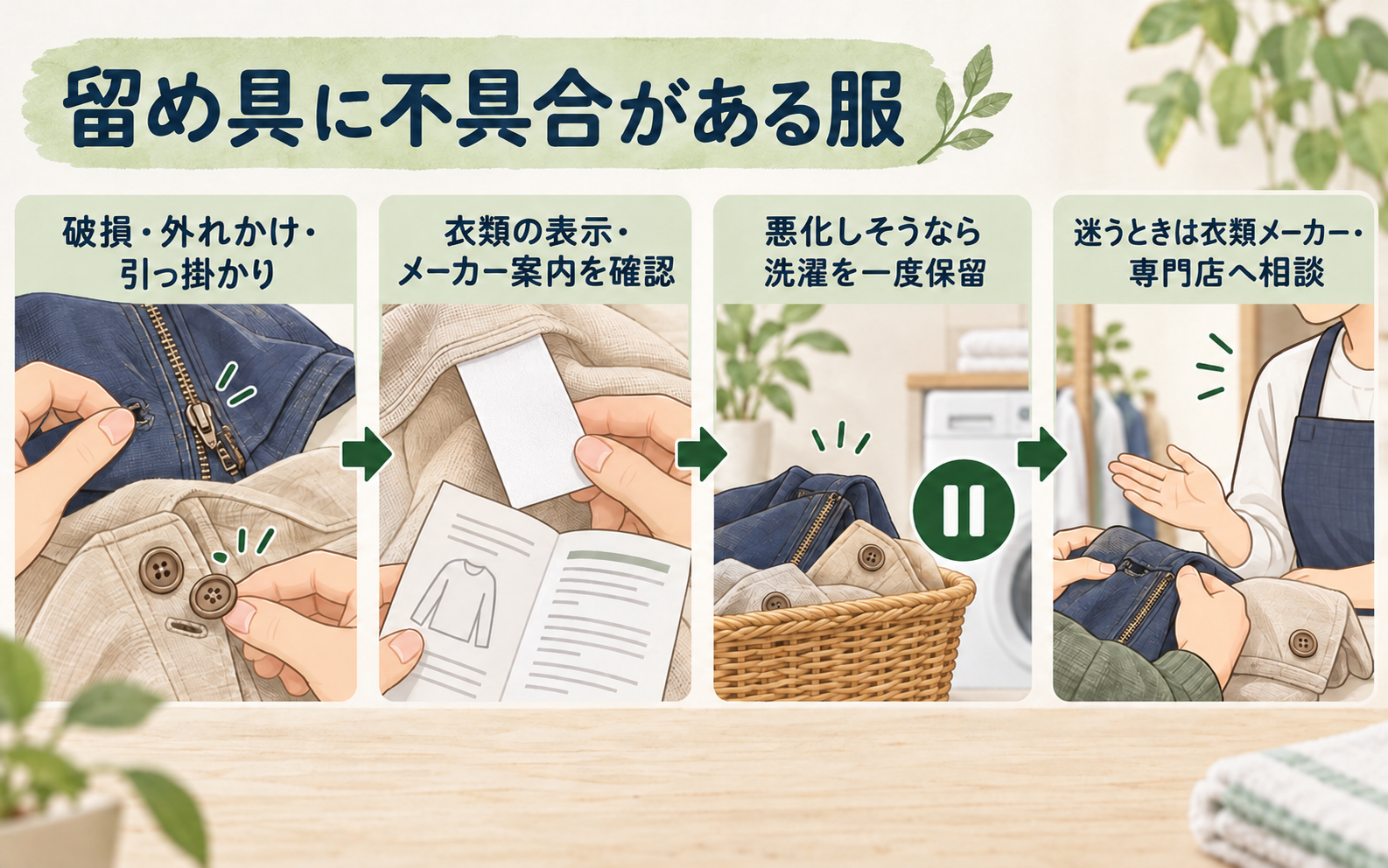 留め具の破損や布の噛み込みがある場合に洗濯を保留し、表示や専門窓口を確認する判断図