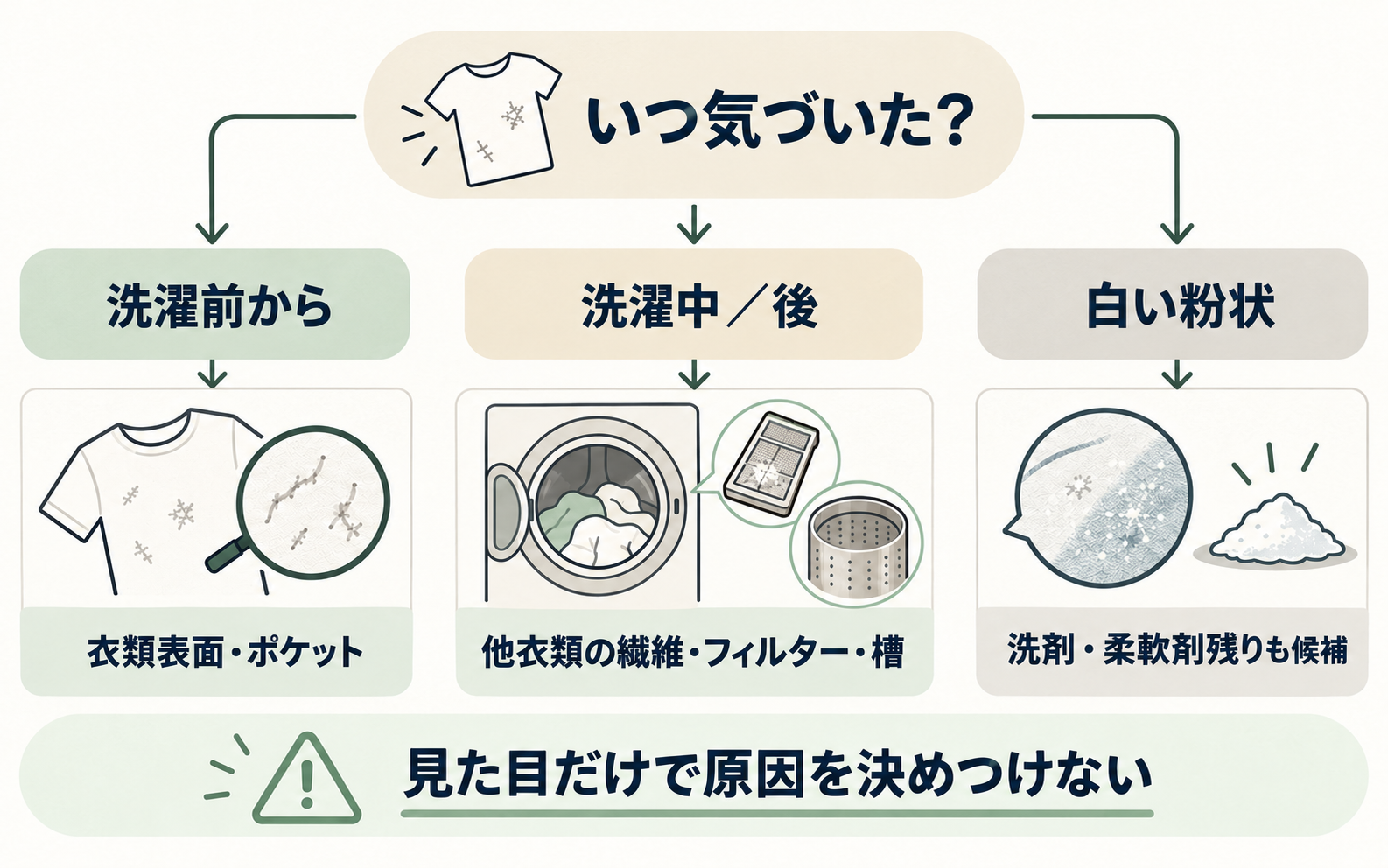 糸くずが付いた時点と形状から、衣類・洗濯機・洗剤残りを確認する原因切り分けフロー