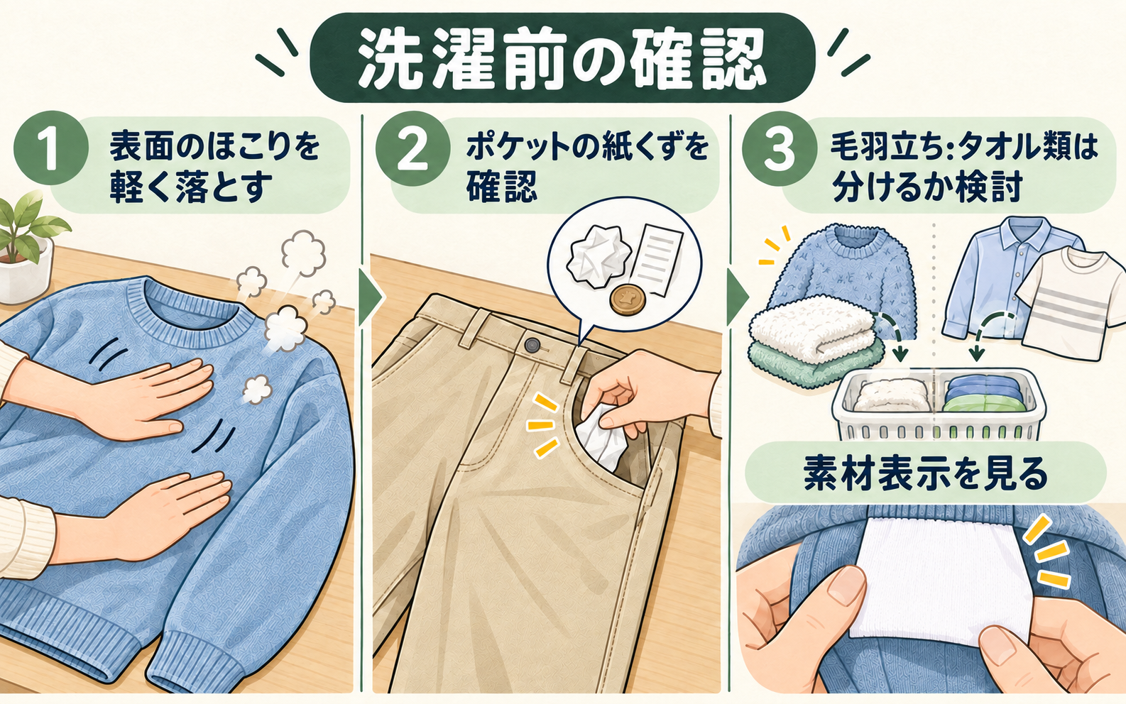 洗濯前に衣類表面とポケット、素材表示を確認するチェック図