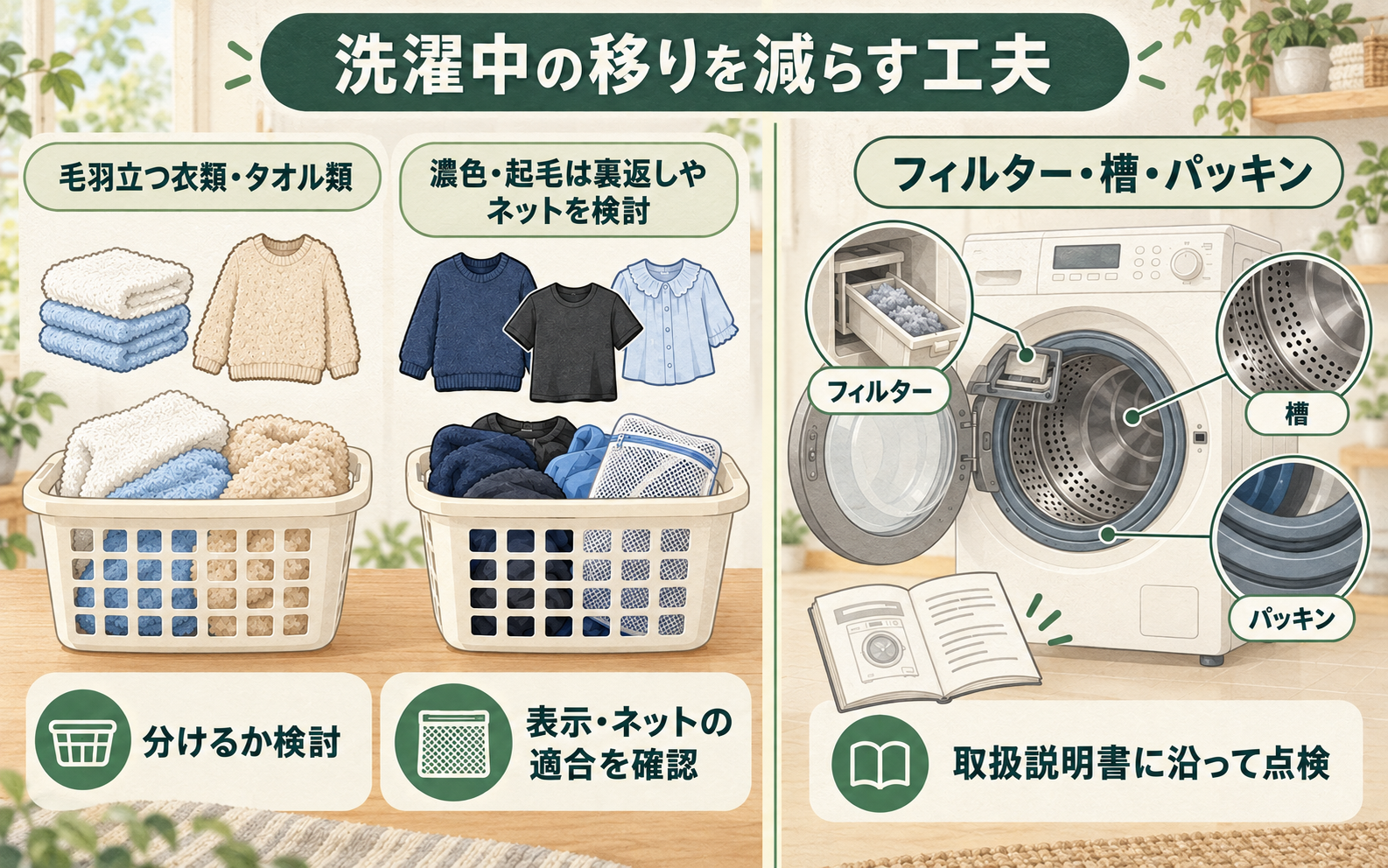 繊維くずが気になる衣類を分け、表示と機種の説明書に合わせて扱う図