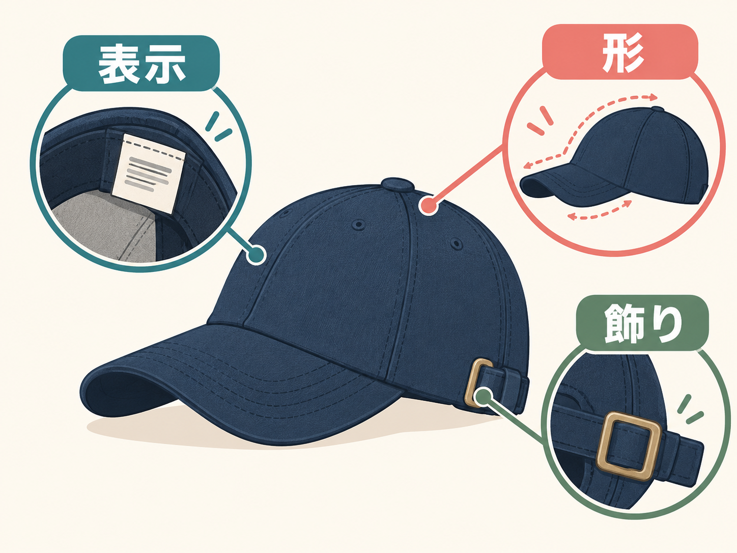 帽子本体の表示タグ、形、飾りの三つの確認箇所を示す。