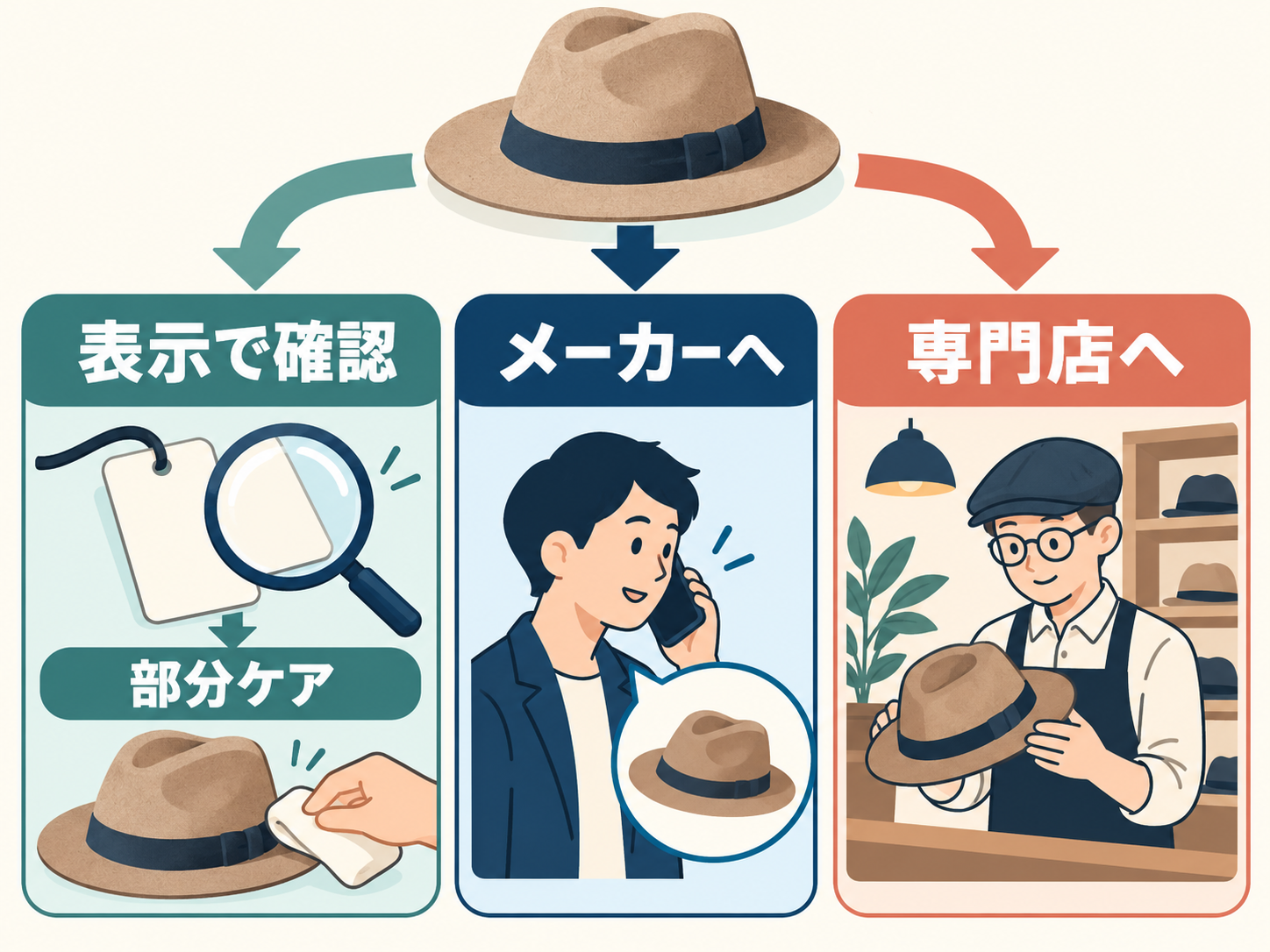 表示を確かめた部分ケア、メーカーへの問い合わせ、専門店への相談を分ける。