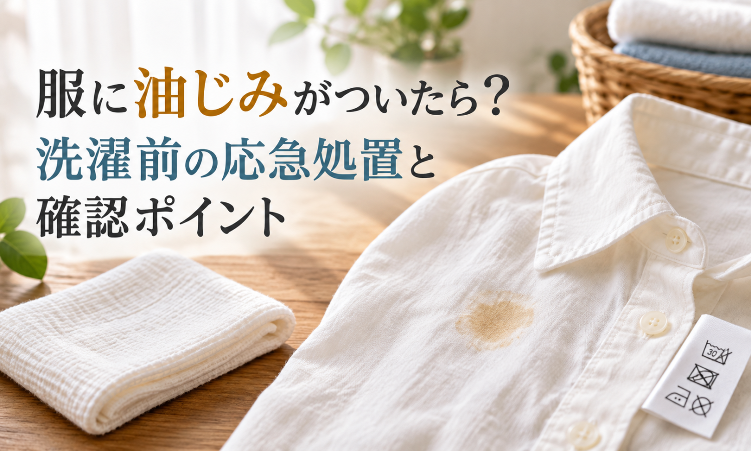 白いシャツの油じみと吸水布を配した、洗濯前の応急処置を扱う記事サムネイル