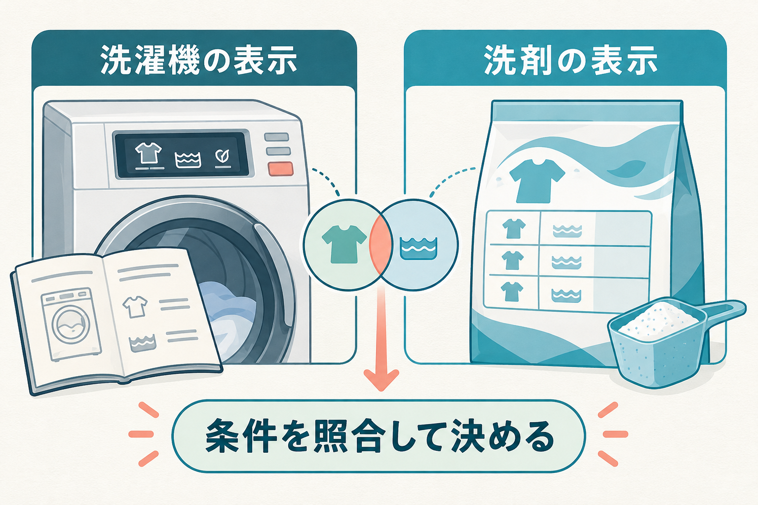 洗濯機の表示と洗剤の表示を照合して量を決める関係図。