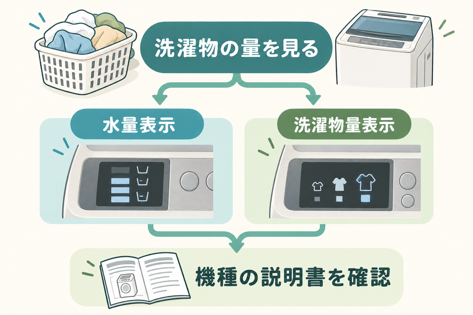 洗濯物量を確認し、水量表示または洗濯物量表示から機種の説明書を確認する流れ。