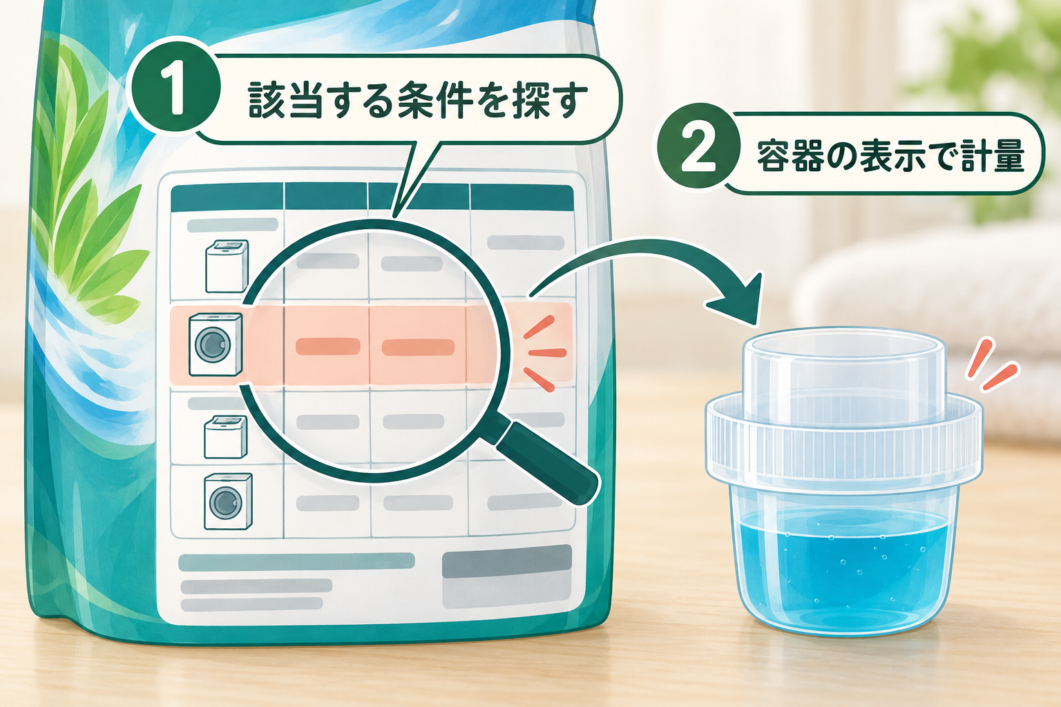 洗剤パッケージの該当条件を探し、容器表示に沿って計量する手順。