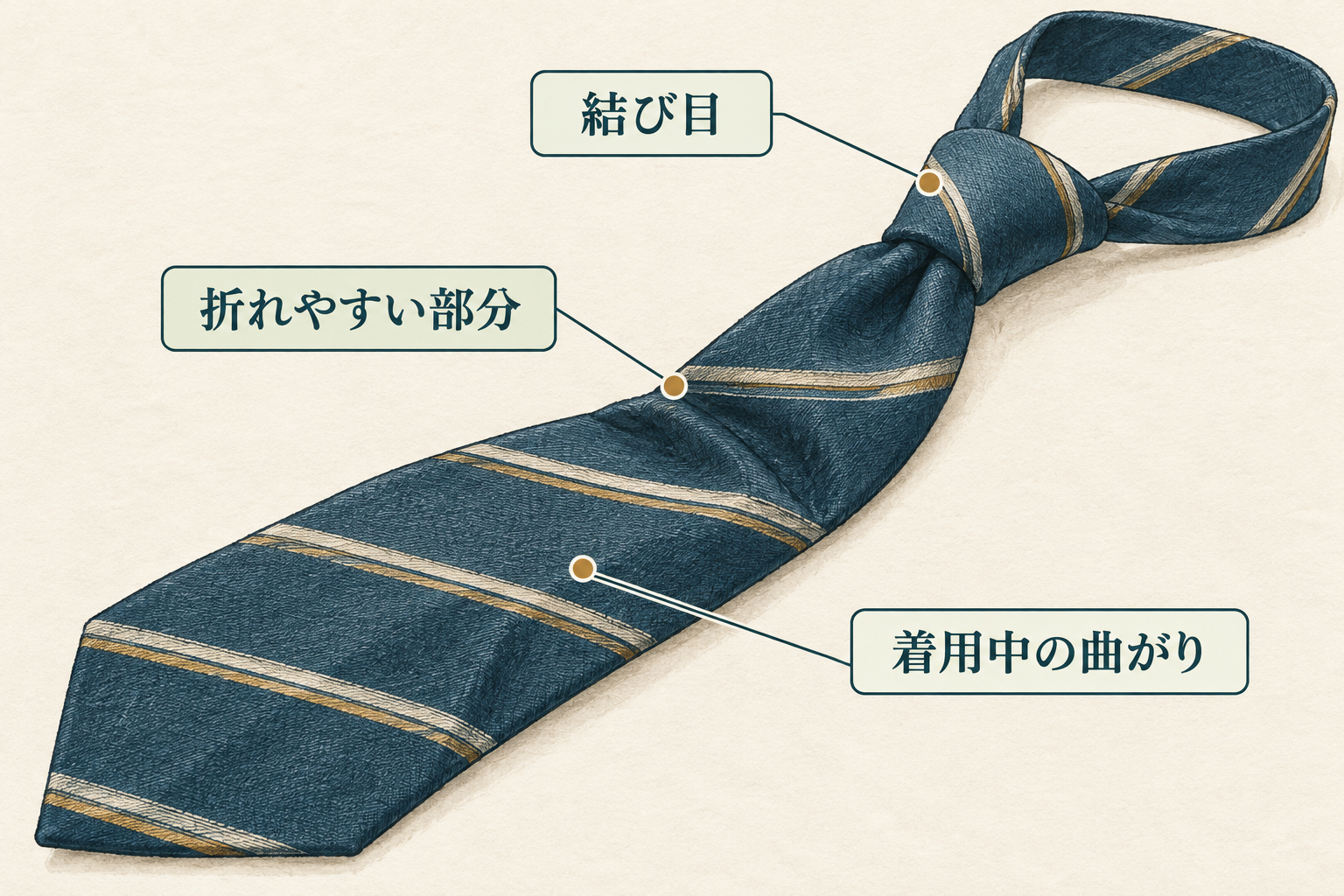ネクタイの結び目と、折れや着用中に曲がる箇所を丸印と線で示した図