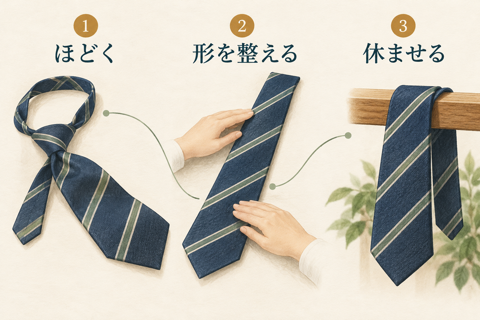 着用後のネクタイをほどき、手で形を整え、ゆったり掛けて休ませる3段階