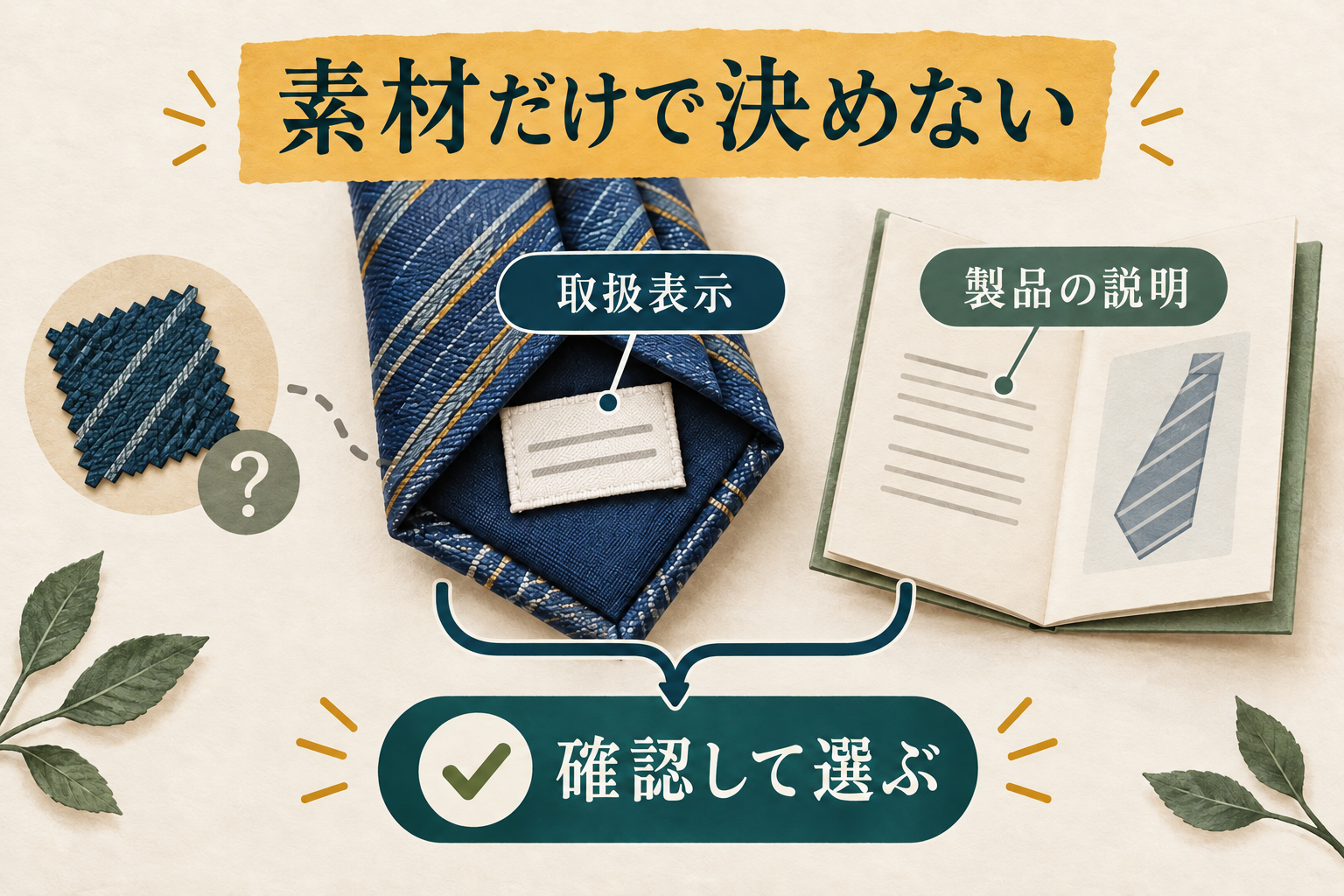 ネクタイの品質表示タグとメーカーの製品説明を照らし合わせる場面