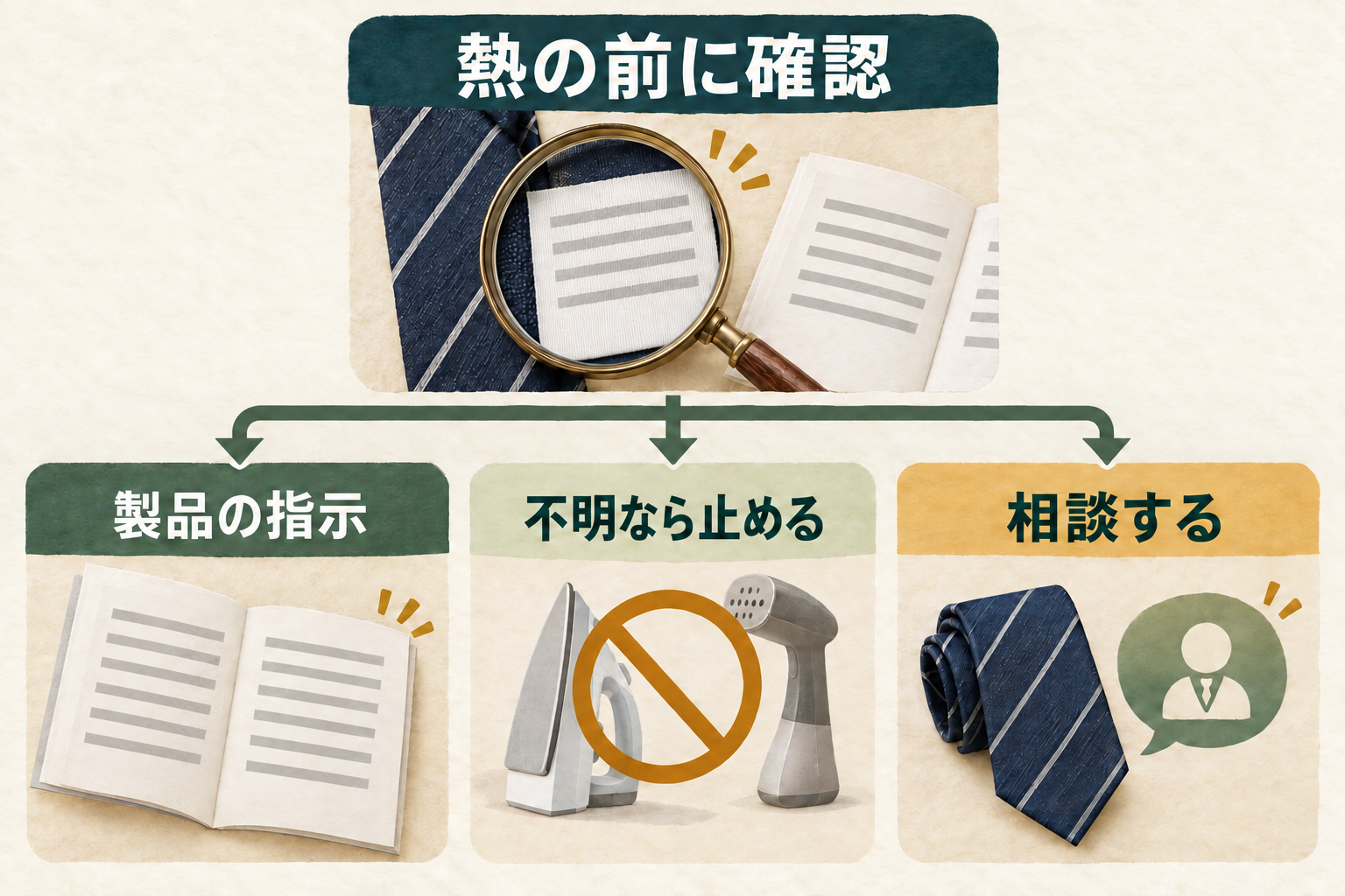 熱を加える前に製品の指示を確認し、不明なら処理を止めて相談する判断図