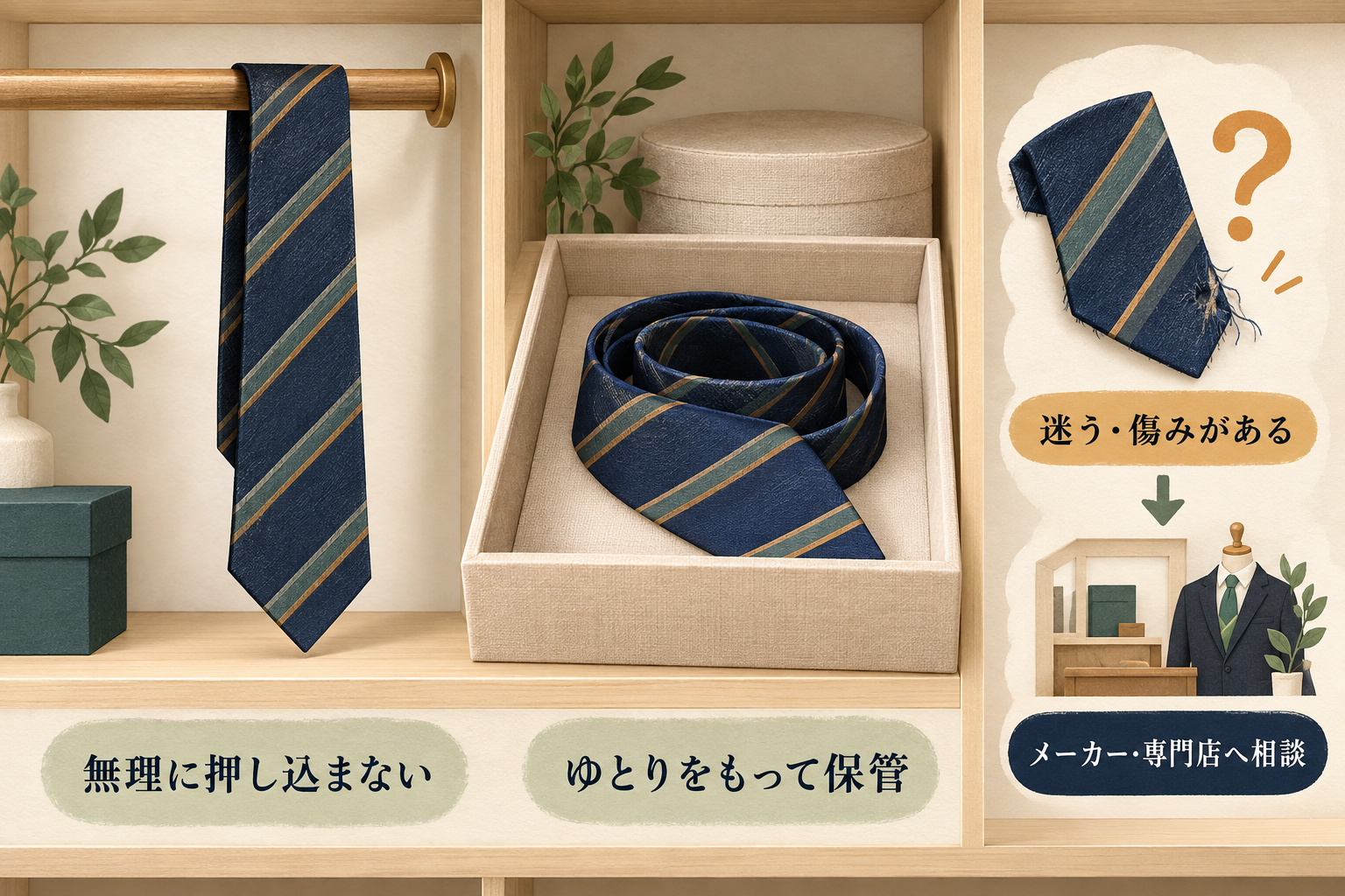 ネクタイをゆったり吊るすか、ゆるく巻いて収納する例と、迷いや傷みがある場合の相談案内