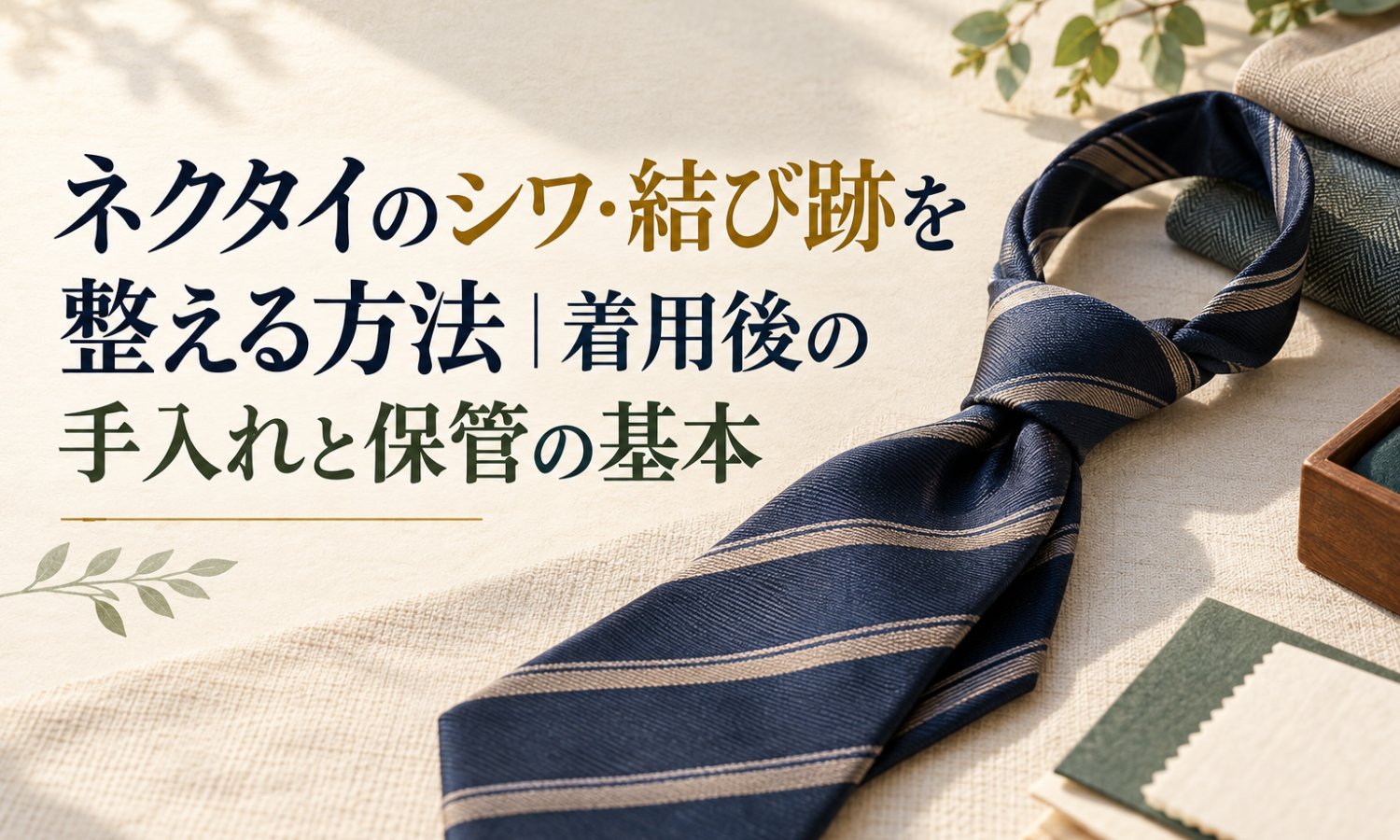紺色のストライプ柄ネクタイと緑色の布見本を添え、記事タイトルを配したサムネイル