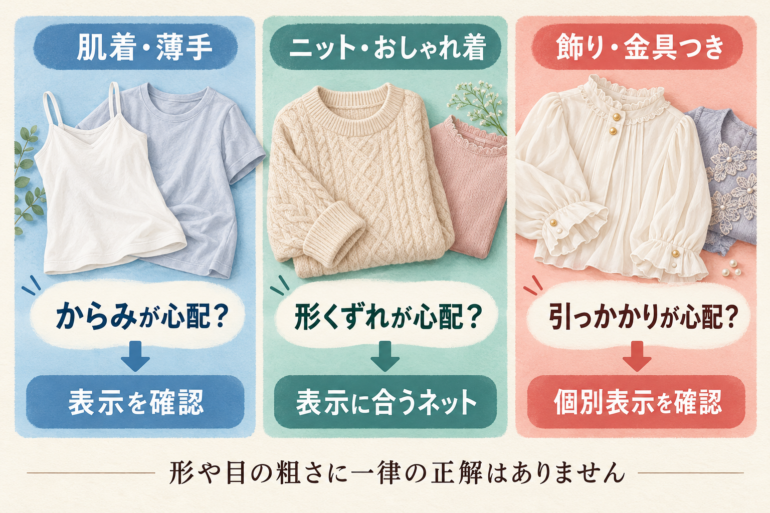 衣類の特徴と洗濯ネット選びで確認する項目の対応図