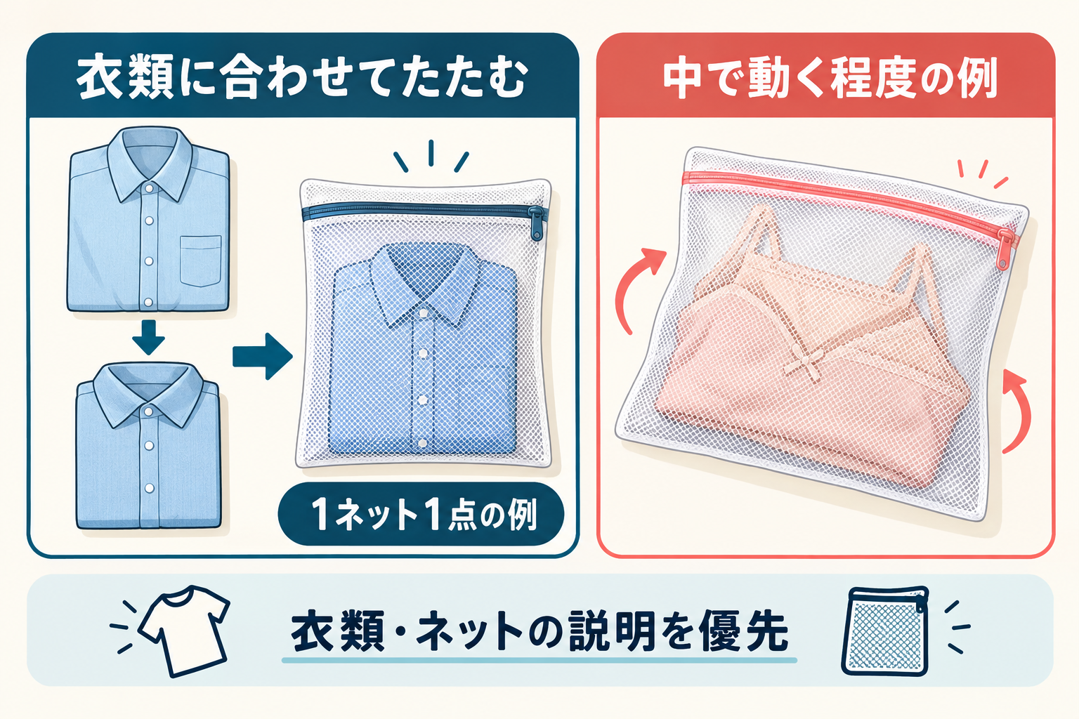 衣類を整えて洗濯ネットへ入れる前後の手順と量の確認