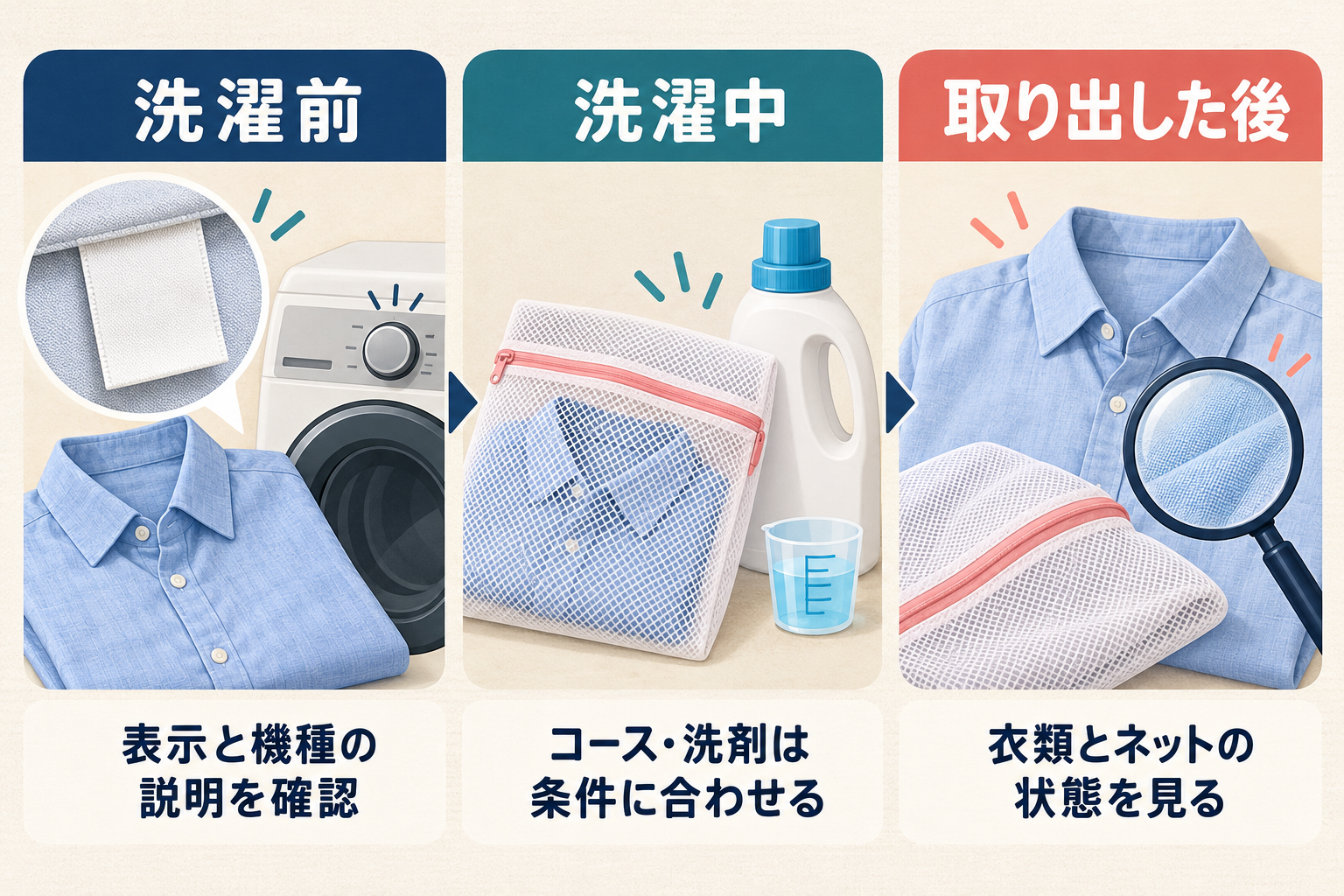 洗濯前、運転中、取り出し後に確認する項目
