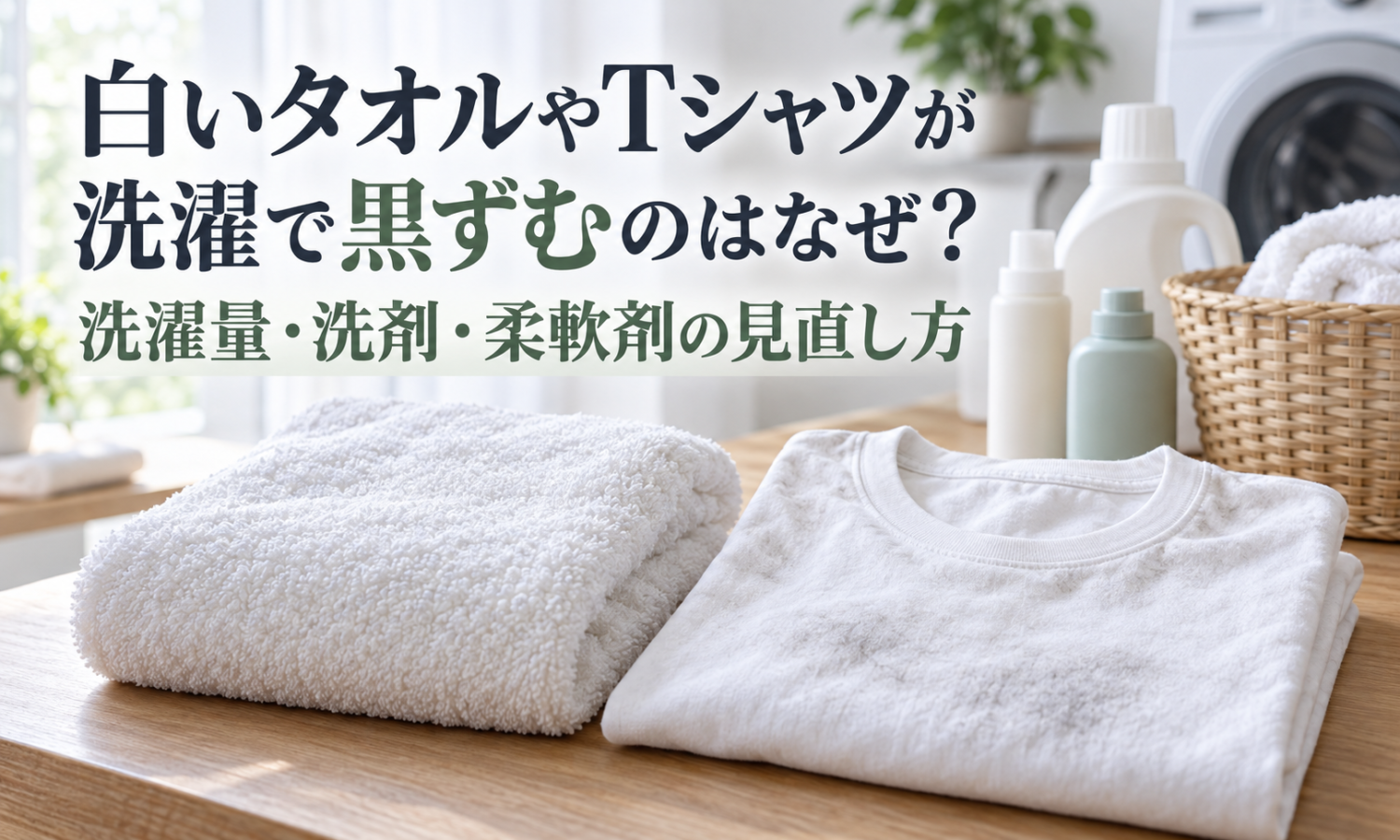 白いタオルとTシャツ、洗濯用品を配した、洗濯後の黒ずみを扱う記事サムネイル
