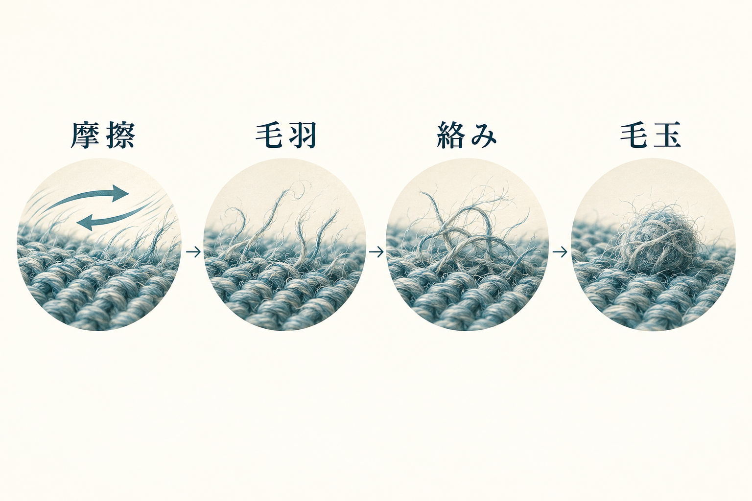 摩擦で繊維が毛羽立ち、絡み合って毛玉になる流れを示す図