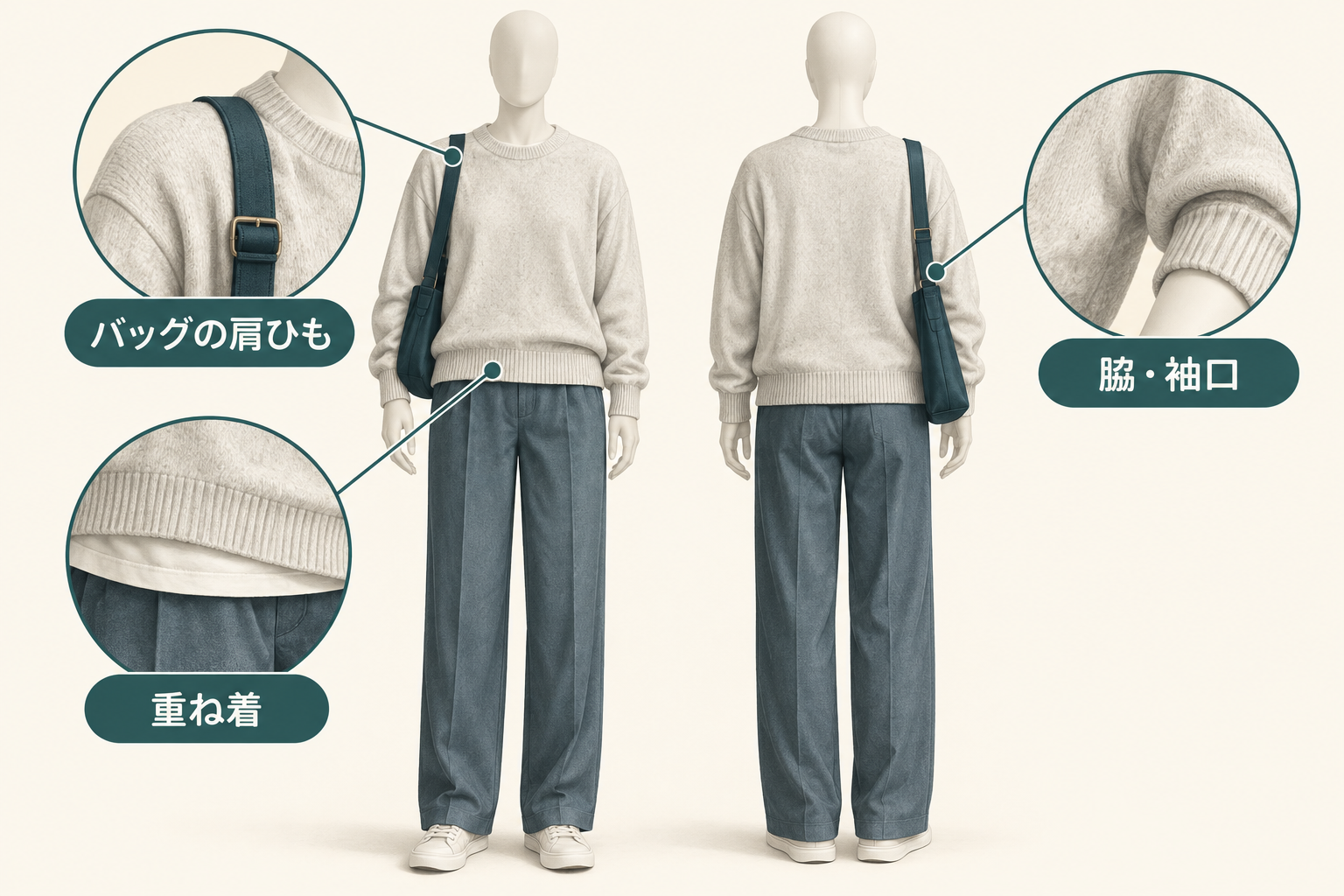 バッグの肩ひも、脇や袖口、重ね着が衣服とこすれやすい位置を示す図