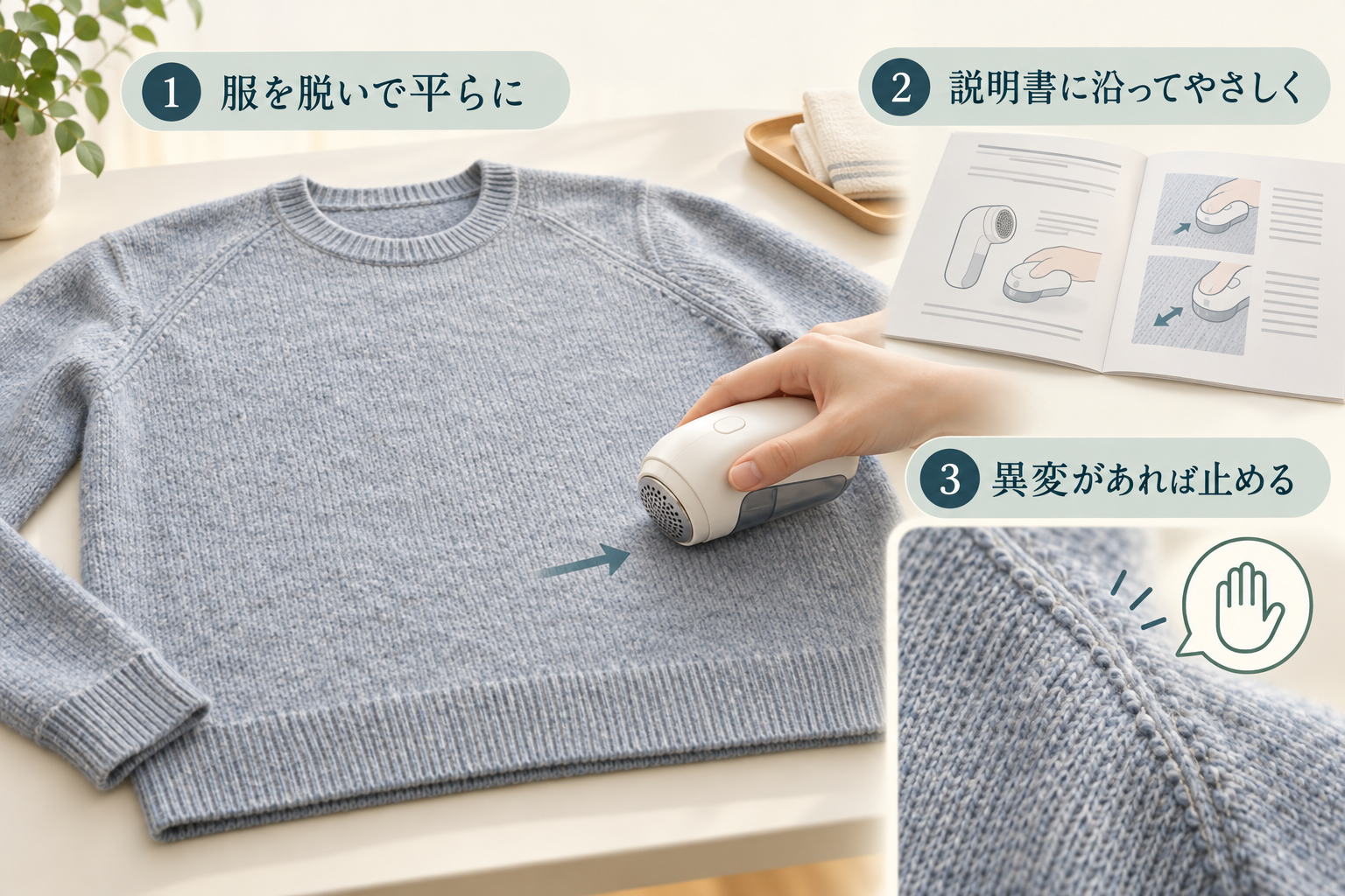 説明書で使用できると確認した衣類を平らに置き、毛玉取り器を使い、異変があれば止める場面