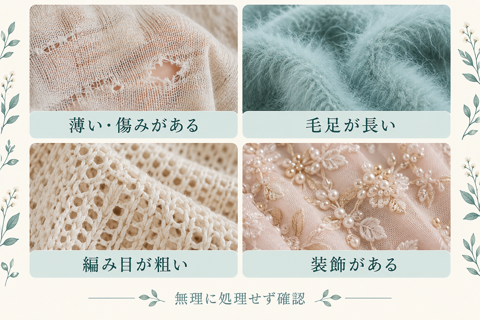 薄く傷んだ生地、毛足の長い生地、編み目の粗い生地、装飾のある服は無理に処理せず確認する例