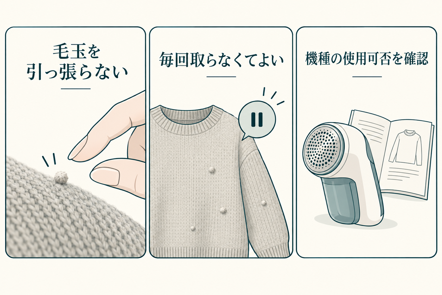 毛玉を引っ張らない、毎回取らなくてよい、機種の使用可否を確認するという判断点