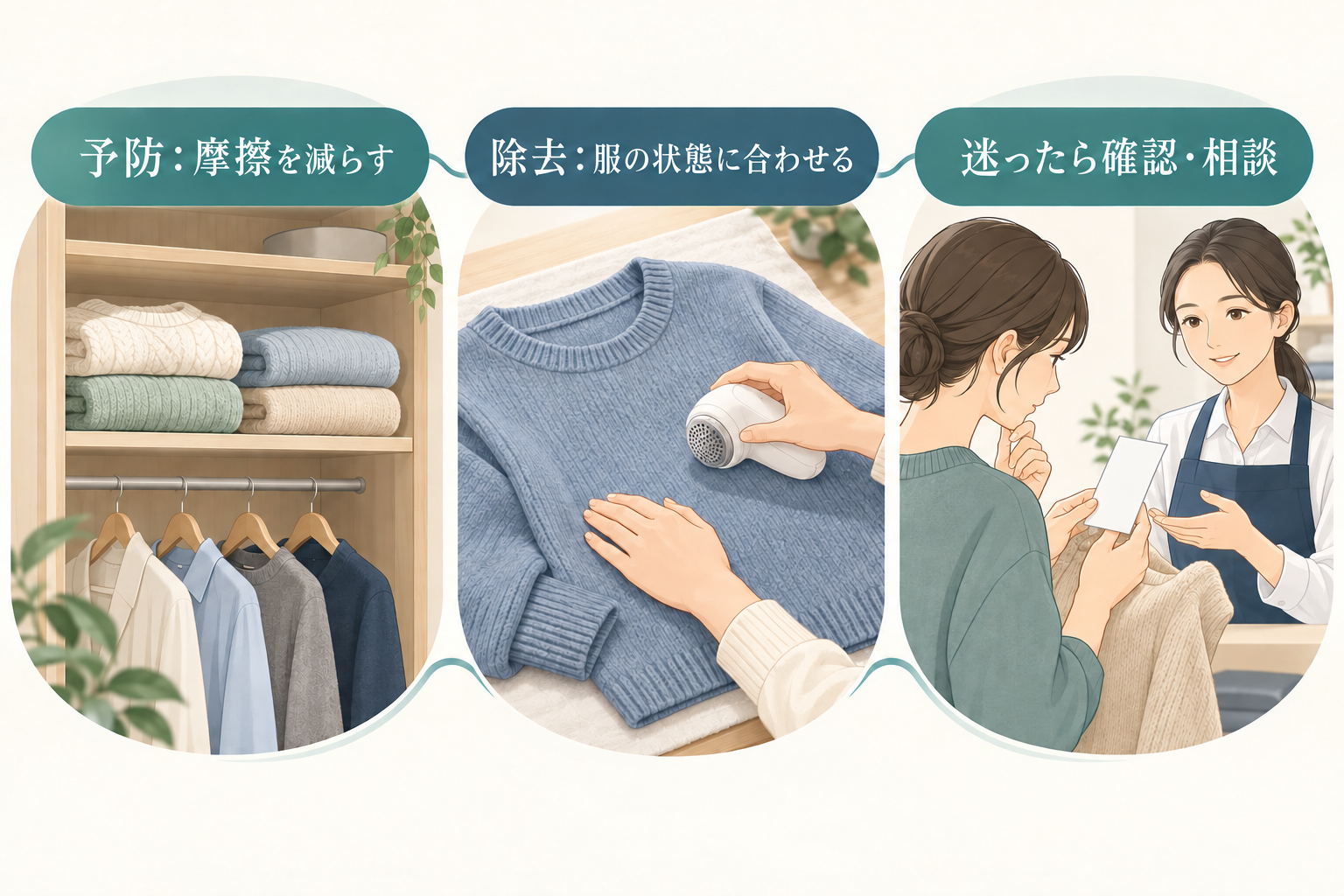 予防は摩擦を減らす、除去は服の状態に合わせる、迷ったら確認・相談するというまとめ図