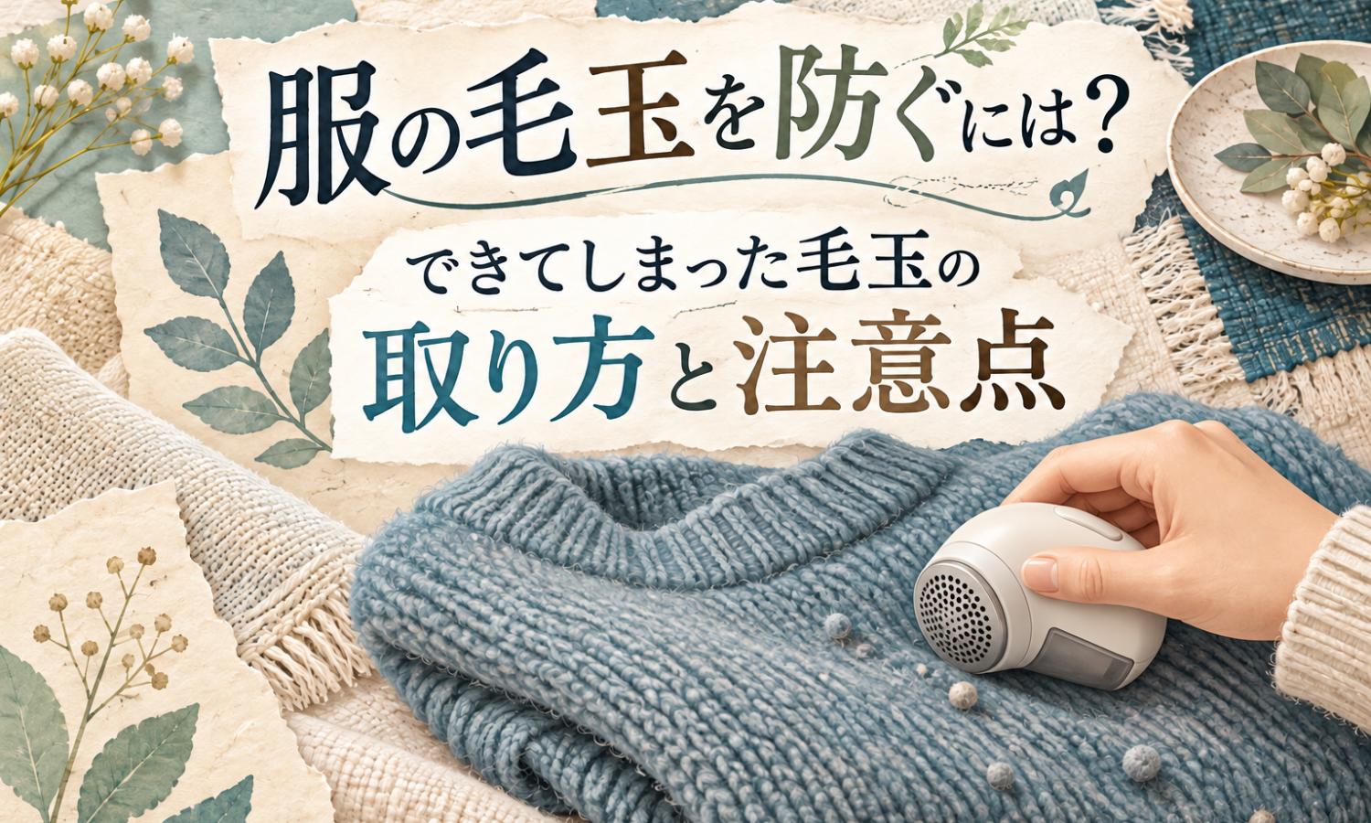 ニットと衣類用毛玉取り器の手元を紙と布のコラージュで描き、記事タイトルを添えたアイキャッチ
