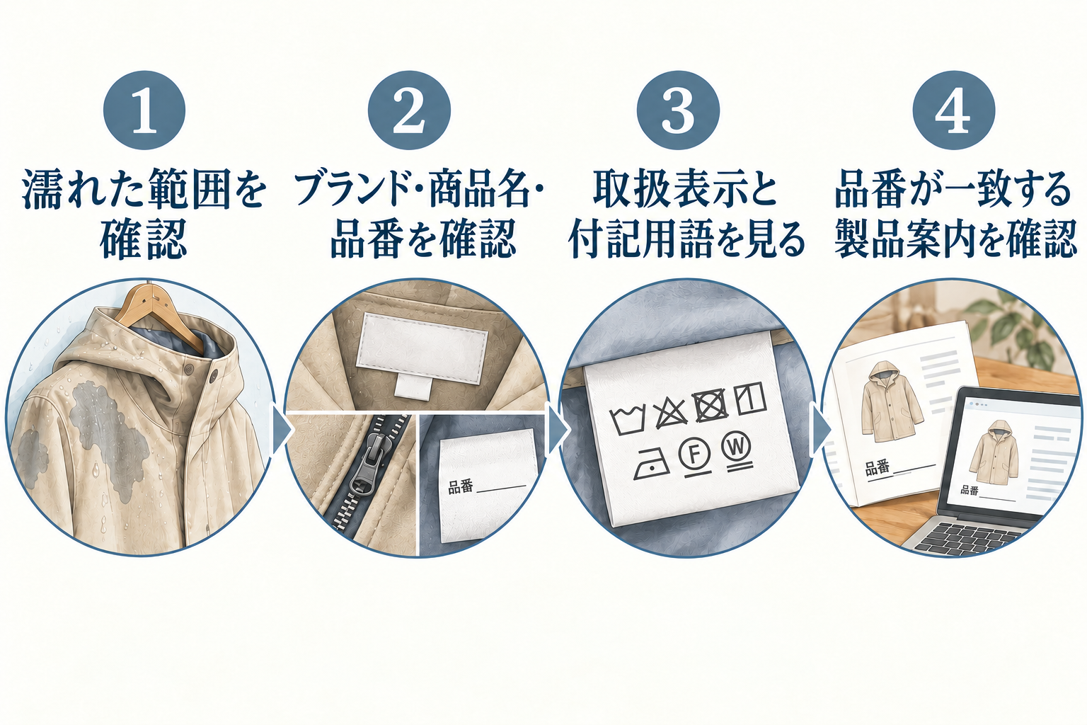 雨で濡れたコートの品番、濡れた範囲、取扱表示を確認する順序。