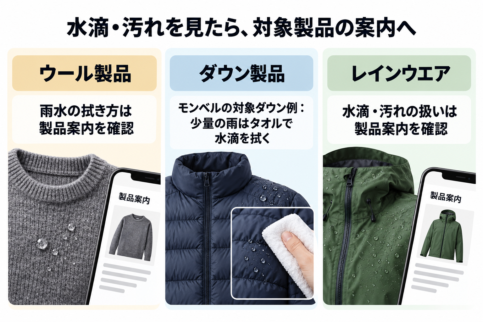 ウール製品、ダウン、レインウエアで異なる雨濡れ時の製品案内を比べる図。
