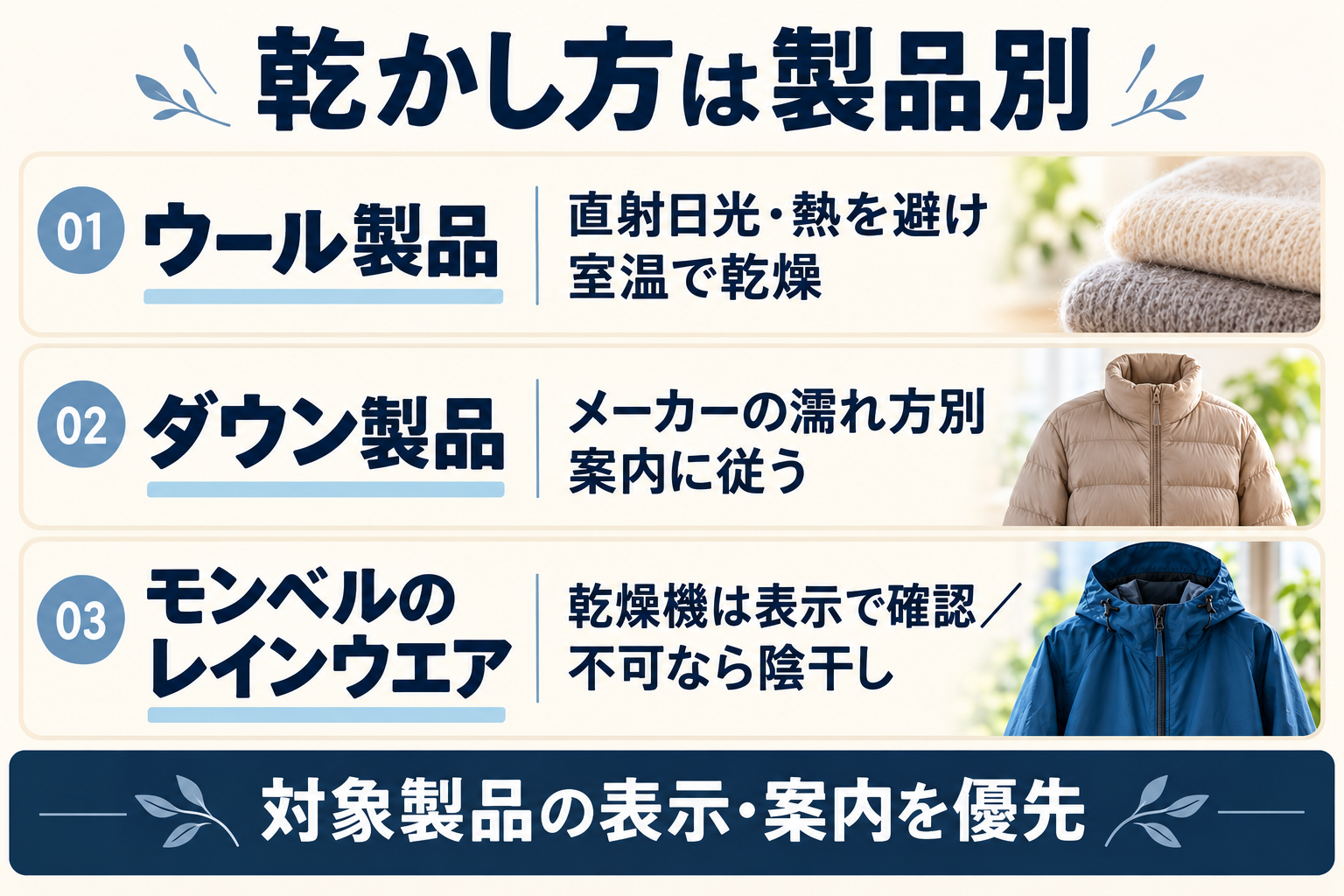 ウール製品、ダウン製品、モンベルのレインウエアについて、対象別の乾燥ルールを示す図。