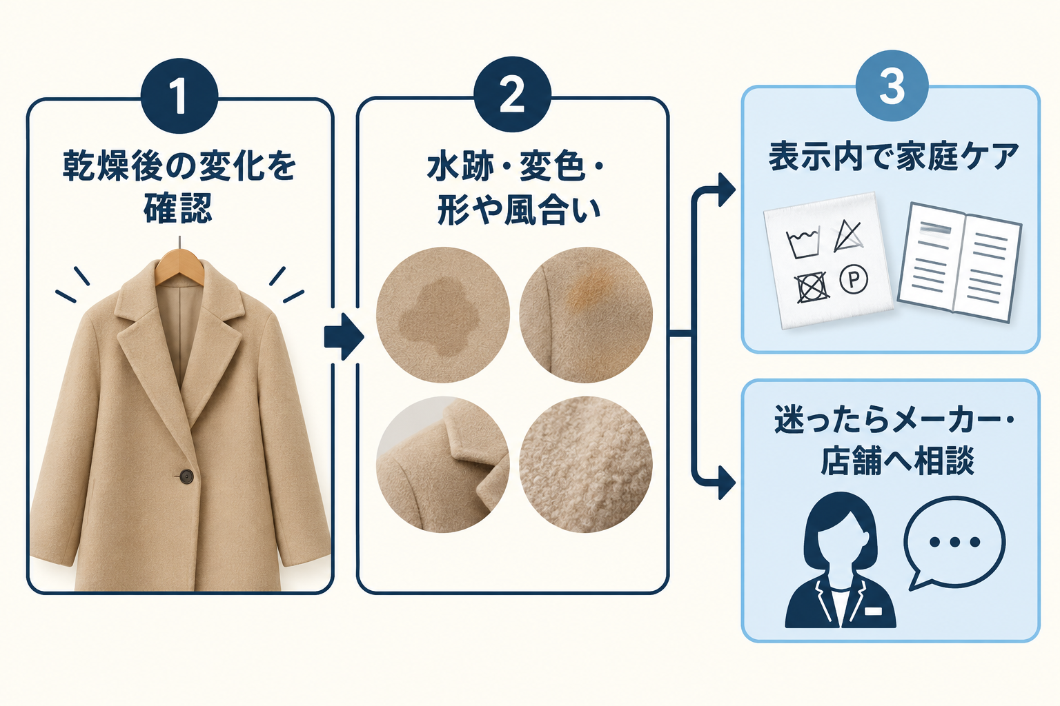 乾燥後の見え方からコートの次のケアを選ぶ確認図。