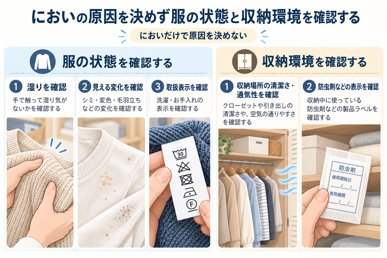 衣替え後の服の状態と収納環境を分けて確認する順序。においだけで原因を決めない。