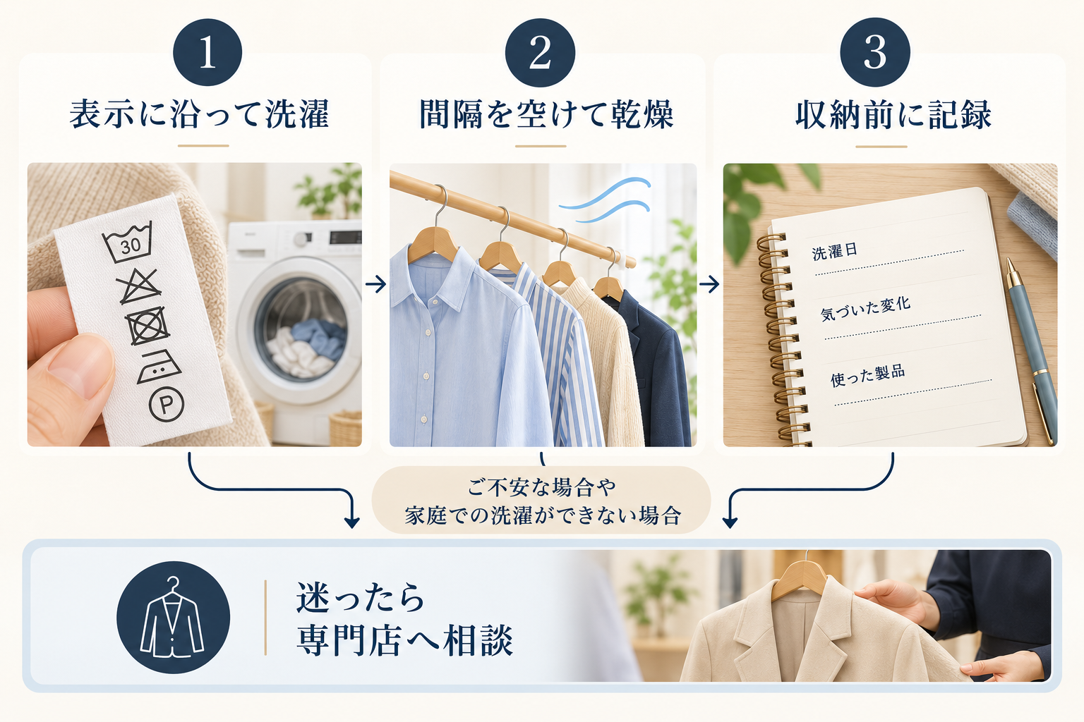 表示に沿った洗濯と間隔を空けた乾燥、収納前の記録、迷う場合の専門相談を示す図。