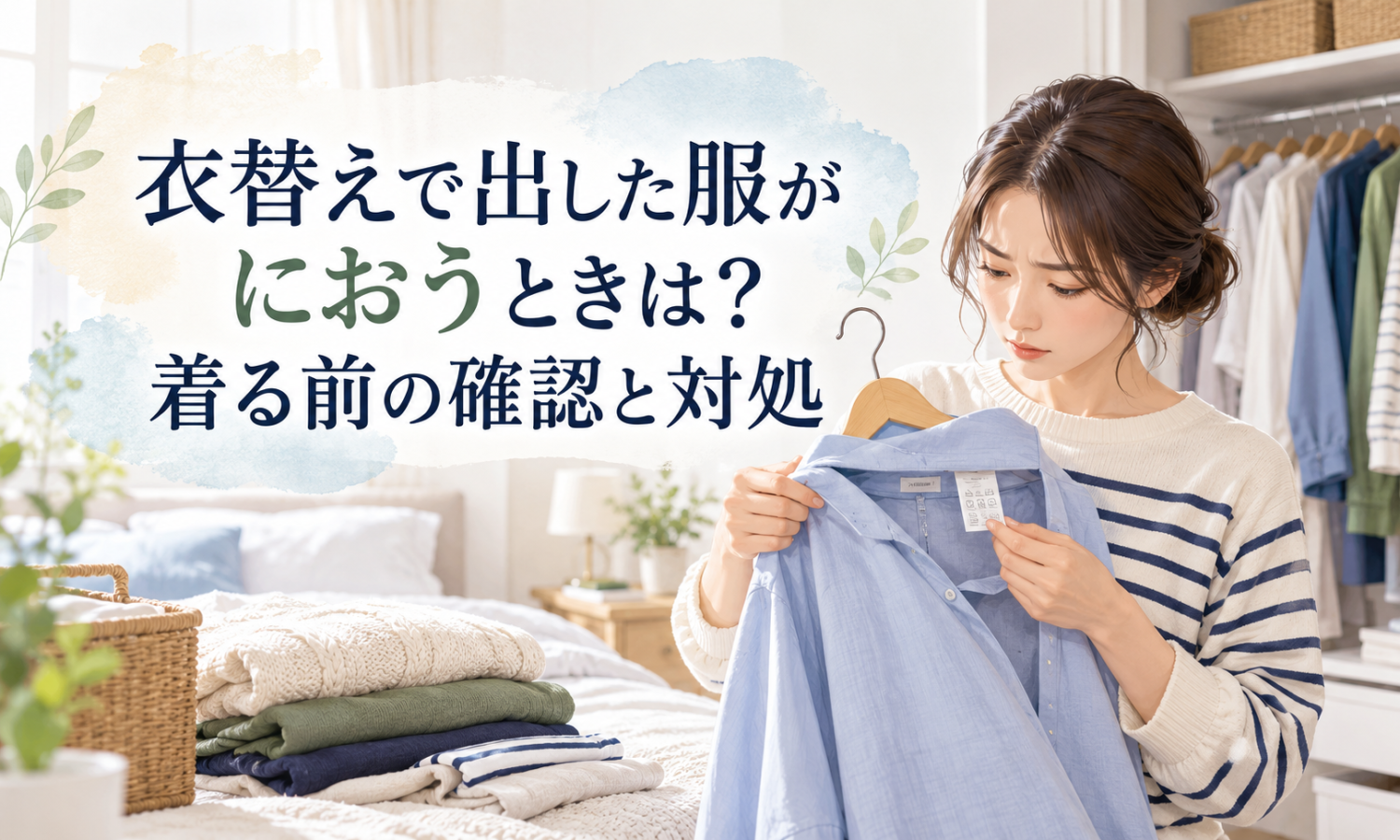 衣替えで取り出した服の取扱表示や状態を確かめる様子。においの原因は断定しない。