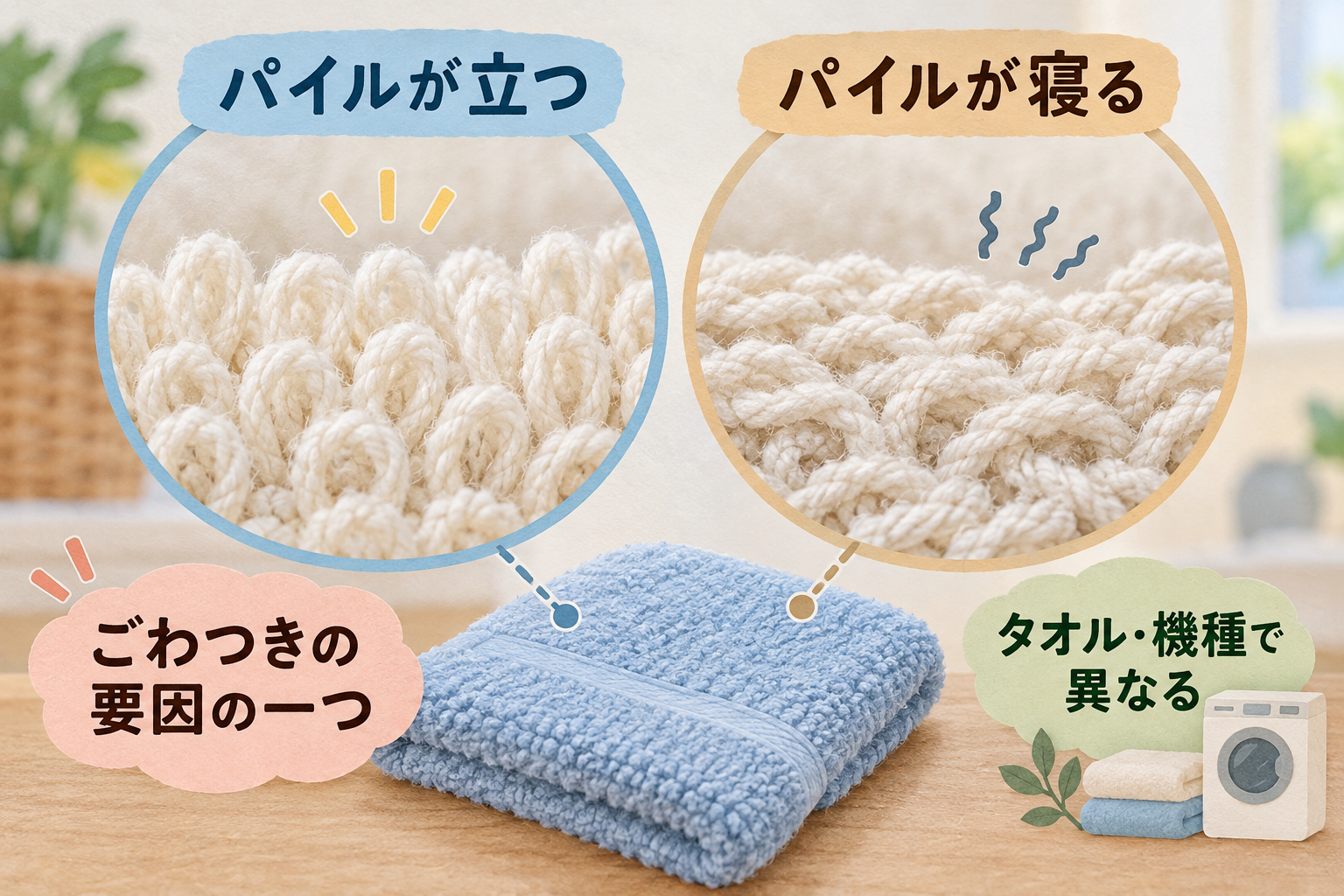 タオルのパイルが立つ状態と寝る状態を並べ、ごわつきの要因の一つであることとタオル・機種差を添えた図。