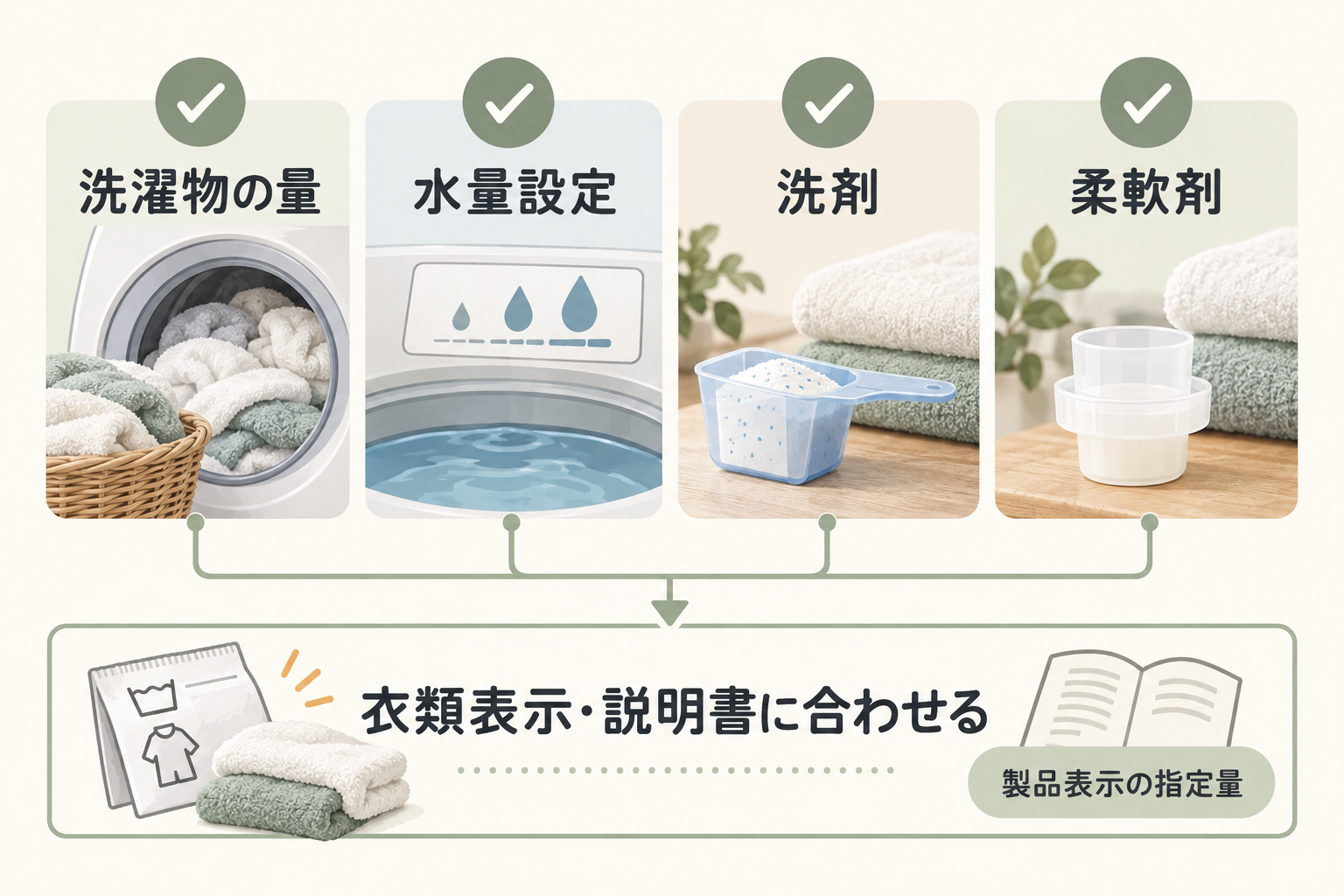 洗濯物量、水量設定、洗剤、柔軟剤の確認項目を衣類表示・説明書と製品指定量へつなぐ図。