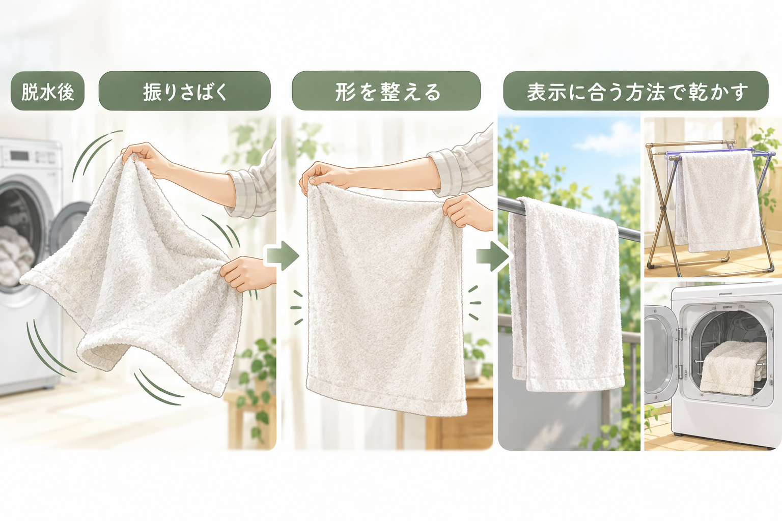 脱水後にタオルを振りさばき、形を整え、表示に合う方法で乾かす流れの図。