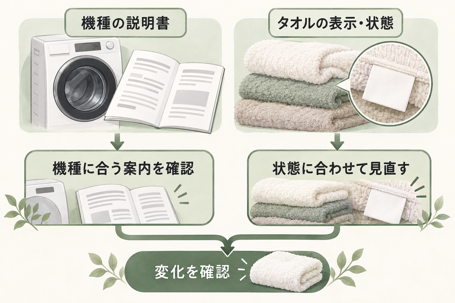 洗濯機の説明書とタオルの表示・状態を別々に確認し、機種や状態に合わせて見直す分岐図。